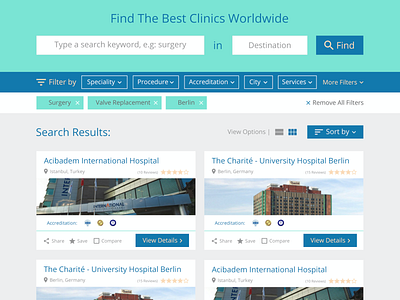 Search page for hospitals - Medical Tourism Website compare design details filters healthcare hospitals medical minimal search search results sort by sorting tags tourism ui ux web design