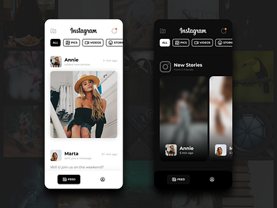 Instagram app concept dark filter mobile redesign