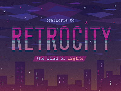 Retrocity 80s april art city clouds design futuristic greiman illustration lights neon night postcard retro skyscrapers stars vector