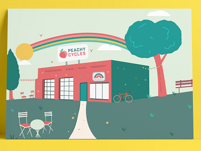 Peachy Cycles' HQ! art bikeshop biking bipoc branding community cycling design diversity events illustration inclusivity lgbtq peachy poster queer support typography vector
