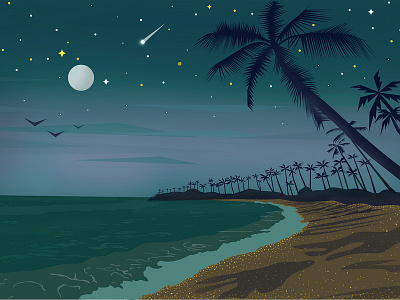 Night art beach design drawing dribbble illustration moon night palm trees portfolio sand sky stars summer vector