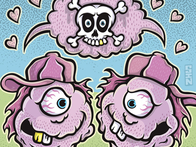 Beer Coaster Art: Beach Burrito Company beach burrito company beer burrito coaster comic halftone illustration kids love monster one eyed pink print skull sky two heads