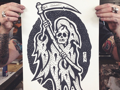 'Reaper' Screenprint a3 black and white character comic death illustration mockup reaper screenprint skull tattoo vector