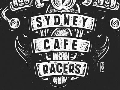 'SYDNEY CAFE RACER' Artwork black and white cafe racer illustration lettering logo merch motorcycle shirt stipple type typography vintage
