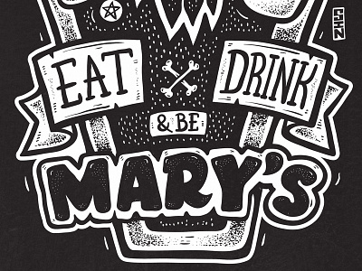 'EAT DRINK & BE MARYS' Shirt Design for Mary's Newtown ampersand apparel branding death design hand drawn horror illustration logo stipple sydney typography