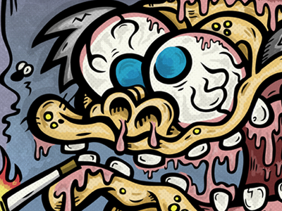 Brainiac cartoon character cigarette comic drawing dribble drool eyeballs face fink fire gross halftone illustration monster noise stink flies storytelling teeth vector