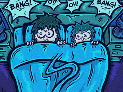 Bedtime awkward bed blue character couple holiday illustration night noise sleep
