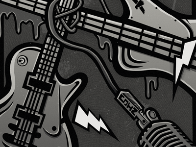 Rock Junk bass comic grey guitar illustration ink junk lightning microphone monster outline poster rock n roll slime tattoo traditional