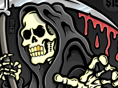 DEATH ... poster design blood bones character comic dark death gold tooth grim reaper halftone horror illustration poster rock skeleton skull tattoo vintage