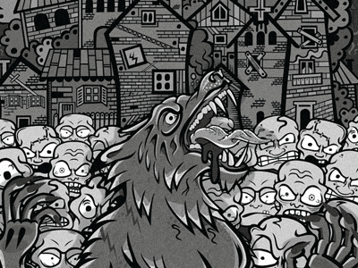 THE WOLF-SCENE b grade black and white buildings cartoon city comic crowd eyes face fur gore horror illustration mob monster poster rage scene teeth tongue village werewolf wolf