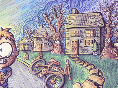 Children's Book Illustration Pt.2 bike childrens book comic eyes hand drawn house illustration monster pencil process scary scene street summer sunset tree watercolour work in progress