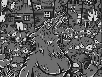 WOLF-SCENE (...completed) b grade black and white buildings city comic crowd eyes face fur horror illustration mob monster rage scene teeth tongue village werewolf wolf