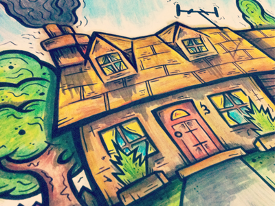 HAND-DRAWN HOUSE art background bricks cartoon childrens book comic drawing environment family grass handdrawn home house illustration indian ink light pitt pens roof scene sky smoke trees watercolour