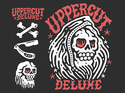 UPPERCUT DELUXE: Shirt Design apparel barber beer black and white branding character death hand drawn illustration lettering logo reaper sindy sinn skull stipple tattoo typography uppercut deluxe vintage