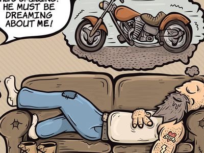 Editorial Comic Illustration: He must be dreaming about me... biker comic couch drawn dreaming illustration motorbike tattoo