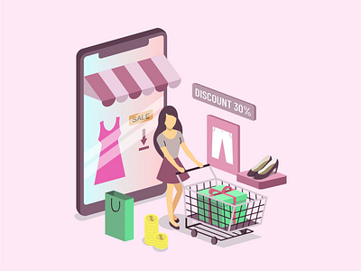 isometric online shop cool flat character illustration