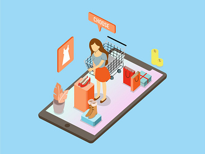 shopping at online shop isometric cool flat character illustrati