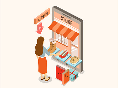 shopping in online store app isometric cool flat character illus