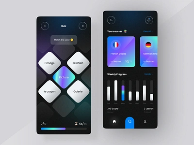 Language Learning App 📚 app app design cards clean dark design french gradient graph ios language language learning learning app minimal mobile app question quiz ui ui design ux