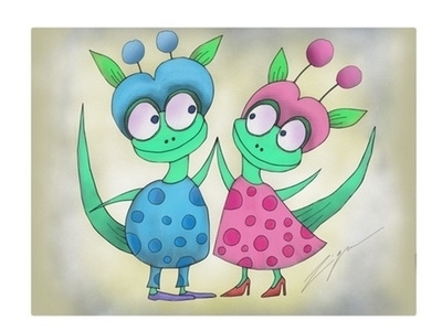 Aliens in Love cartoon colourful fun illustration imagination