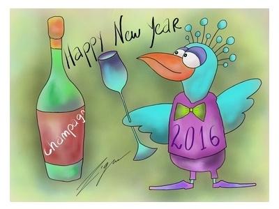 Happy New Year. bird cartoon champagne glass happy illustration new year