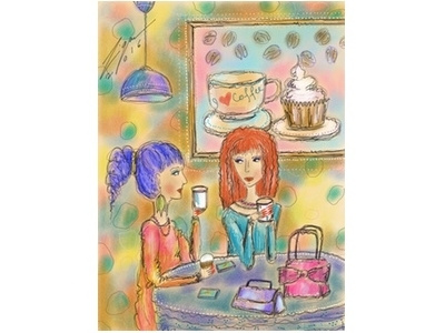 catch up cafe cake chat coffee shop friends handbags illustration