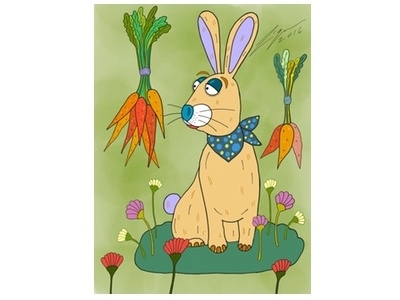 Rabbit and carrots animal carrots cartoon flowers food grass illustration rabbit