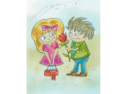First date boy cartoon couple cute date dress flower girl handbag happy smiles sweet
