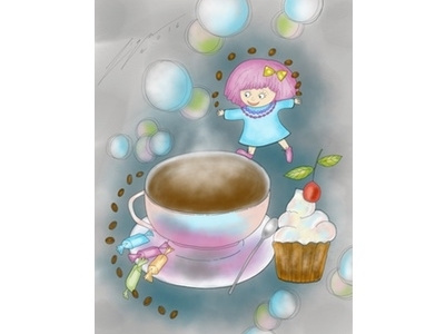 Posh coffee with fairy cake cartoon cherry coffee coffee beans cup girl happy smile