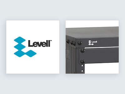 Levell branding high tech identity logo metal rack