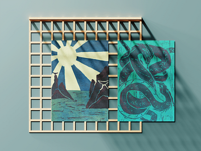Yamata-no-Orochi (八岐大蛇) design historia illustration tarjeta postal xilograf