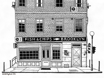 Fish & Chips black ink bronx brooklyn building fish and ships handmade ink new york street