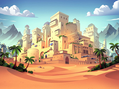 Learning Roots_ game box cover arabian castle citadelle colorful desert game illustration learning roots mountains palm trees play