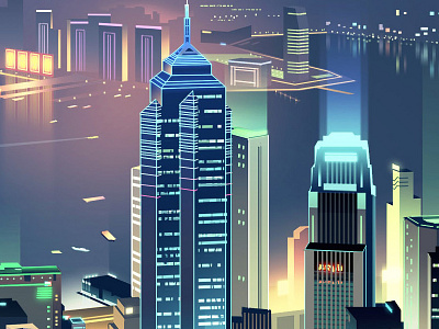 skyline-romain trystram-hk buildings city colorful digital art hong kong illustration light neon night towers trystram windows