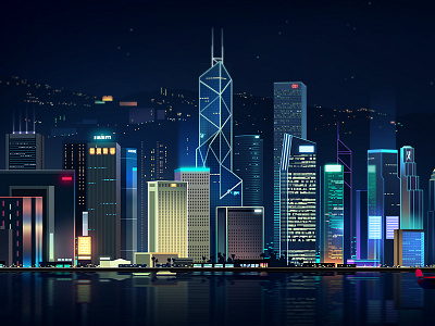 Hk bay color hong kong illustration landscape light neon night virtual