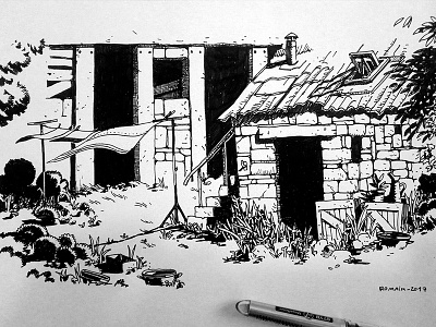 morning draw 1 campagne country drawing grange ink maison paper sunny