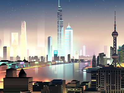 Shanghai island 1 animation future gradient illustration light neon night retro skyline world