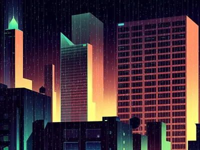 gone 9 80s bladerunner buildings city design drive eighties futur future gone illustration landscape light neon night photoshop rain retro street trystram