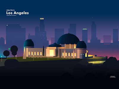 Los Angeles Griffith observatory 2d animation anime city color draw drawing flat gradient illustration illustrator landscape light losangeles neon paint photoshop travel vector wallpaper