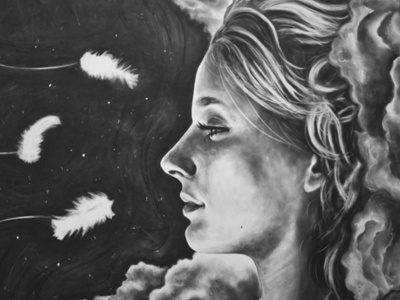 Full Circle art charcoal drawing feathers portrait space