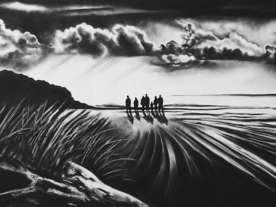 Family Stroll beach charcoal clouds drawing family fine art landscape sand