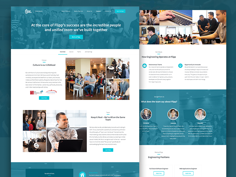Flipp Careers Site blue company grid homepage layout marketing photography responsive team web website