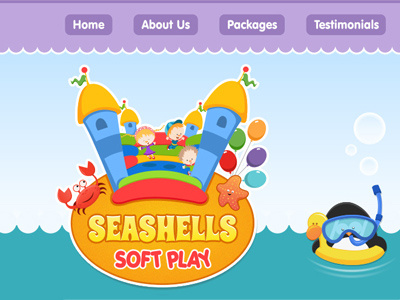 Seashells Soft Play Logo balloons bouncy castle bright cartoon crab jump penguin sand sea soft play