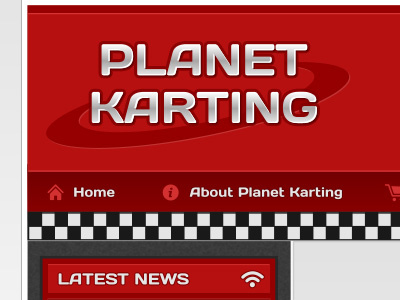 Panet Karting logo and header chrome header logo planet karting red silver