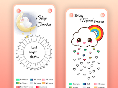 Sleep tracker, mood tracker app, self care app app app design health mood tracker peace self care self care self love sleep tracker ui ux