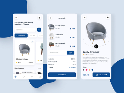 Furniture App design app app design cart chair comfy description ecommerce furniture furniture app home page luxurious