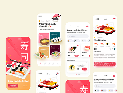 Japanese Food Ordering/Delivery App Sushi App app app design app inspiration colors food food app food delivery app food ordering app japanese light mode restaurant app sushi app typography ui inspiration