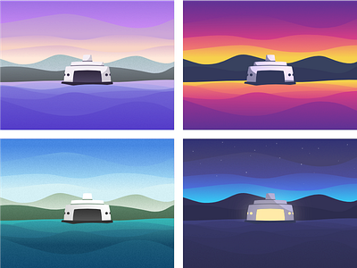 Ferries colorful colors illustration night sky sunrise sunset vector water