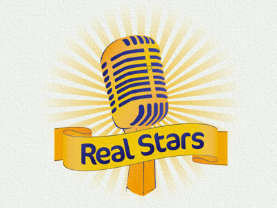 Real Stars Logo blue illustration logo mic microphone radio real ribbon stars texture type yellow