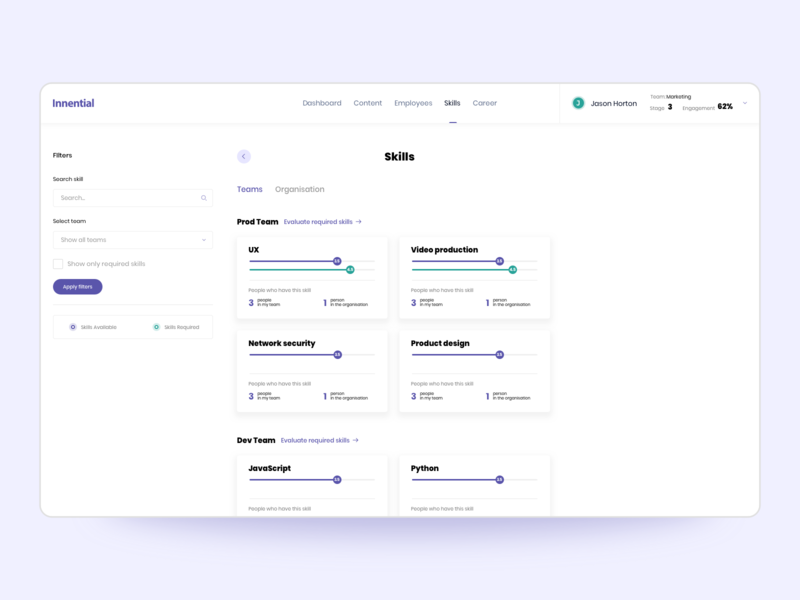 Innential skills card card design clean dashboard dashboard ui filter filtering filters numbers settings settings ui skillet skills skillshare ui ui design uiux ux web app web ui